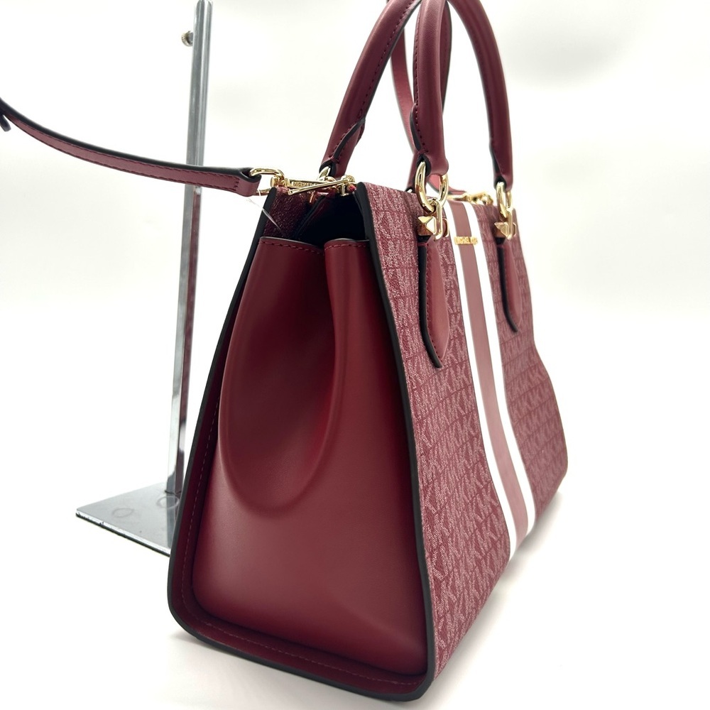 Michael Kors Marilyn Medium Signature Logo Stripe Satchel Bag Cherry - Picture 4 of 10